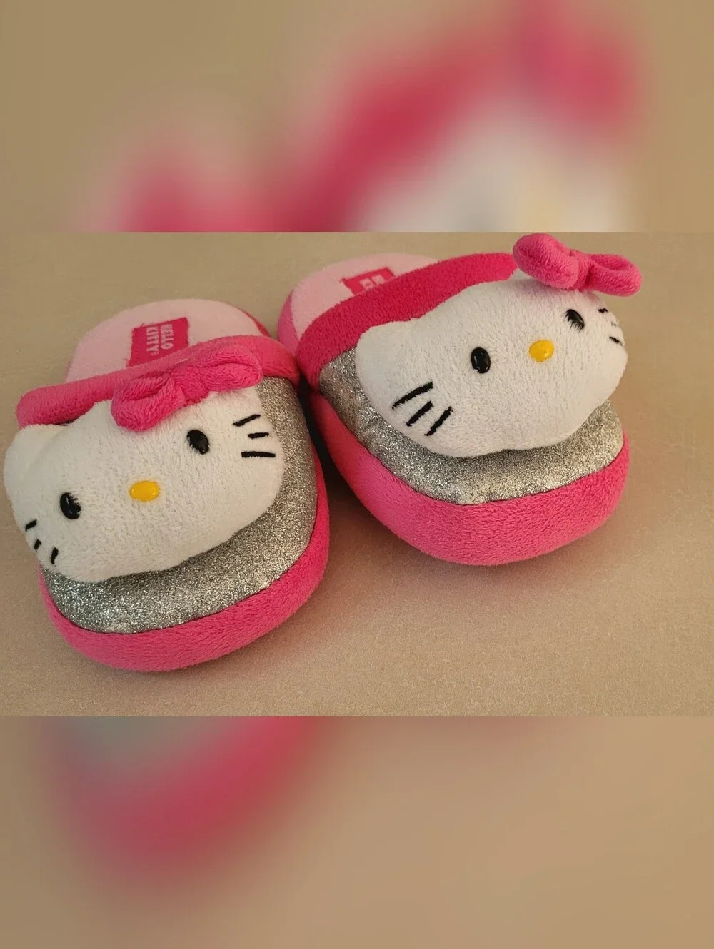 Girls Hello Kitty Pink & Silver Plush Slide Slippers